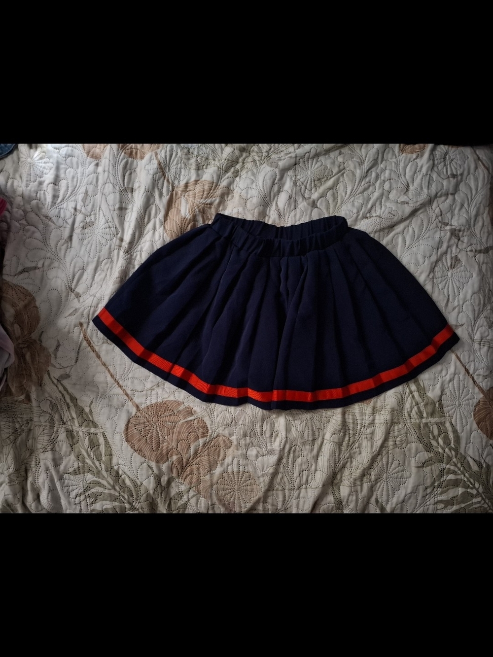 Navy Pleated Mini Skirt with Red Stripe